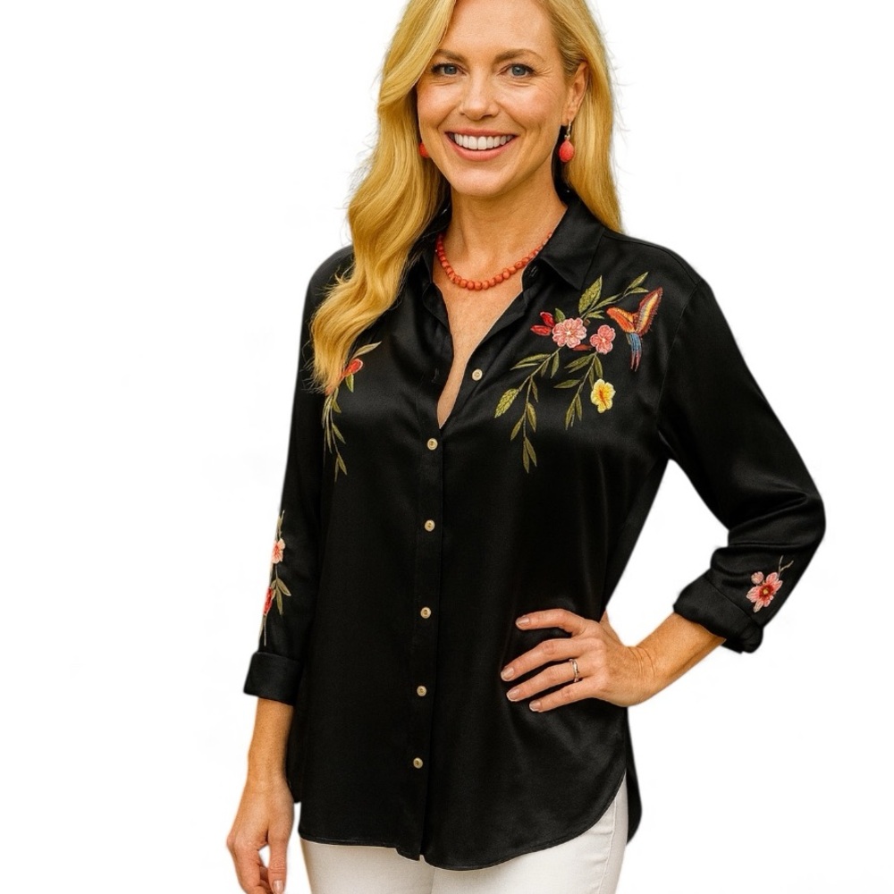 Johnny Was heavily embroidered Birdie Satin Blouse NWT